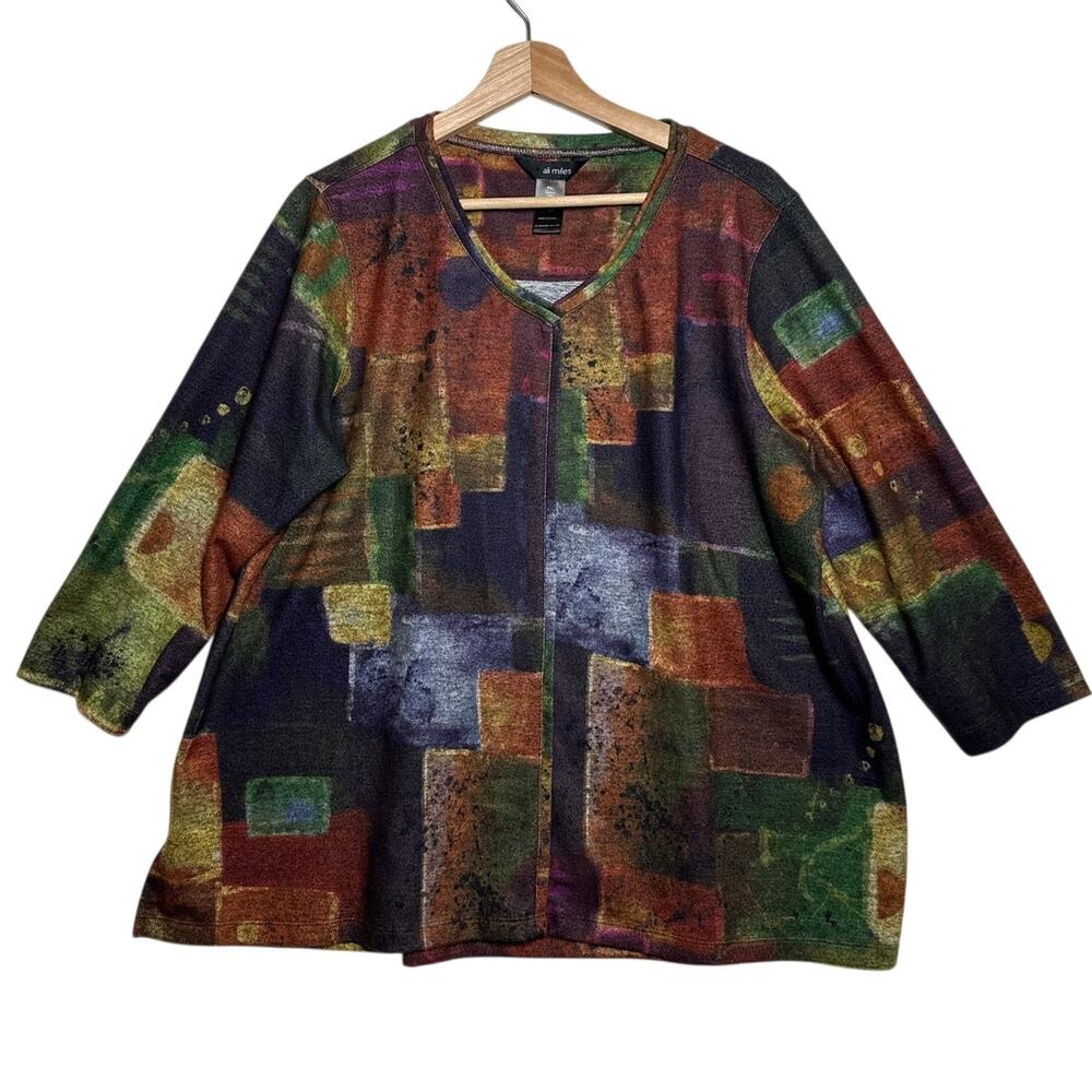 Ali Miles Abstract Geometric Print Knit Tunic Top 3/4 Sleeve Sz PXL Petite Artsy